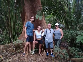Family posing on roots of a giant tree 